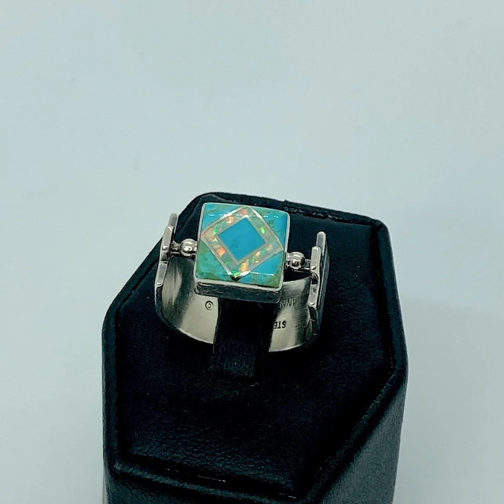 Vtg Navajo Sterling Turquoise & Opal Wide Modernist Style Ring Sz 7.5 Ann Curley - Picture 5 of 13